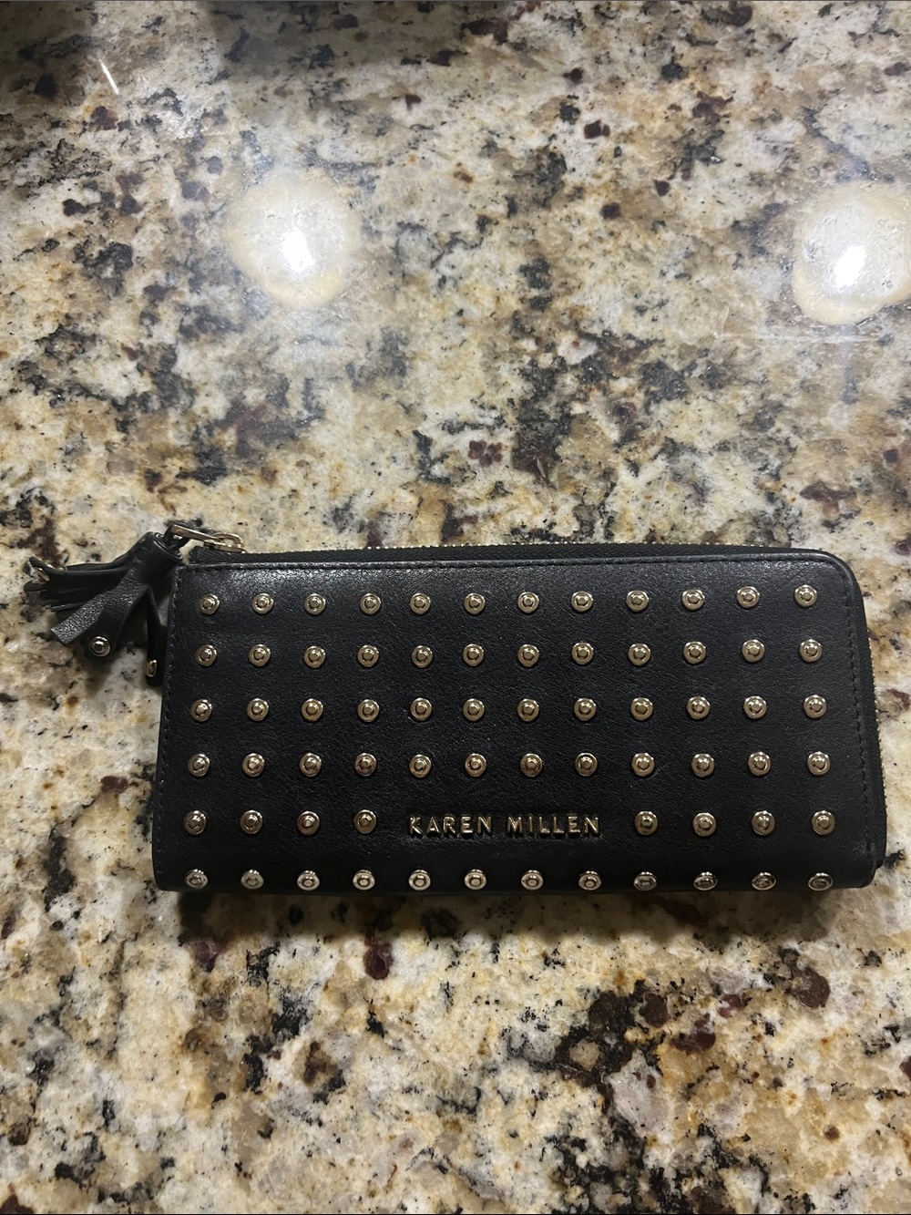 Karen Millen Black Studded Zip Wallet with Tassel